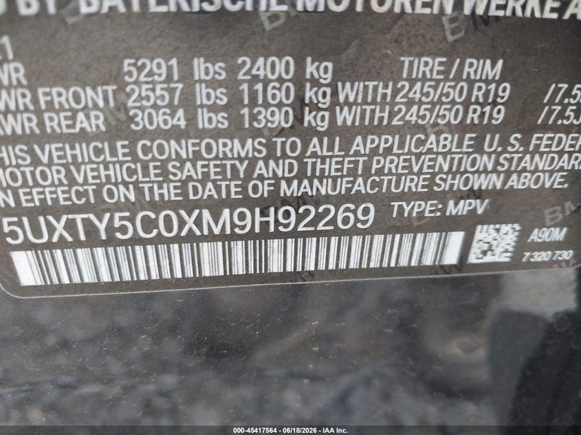 2021 BMW X3 VIN 5UXTY5C0XM9H92269 IAAI salvage auction — FRONT END, Salvage Title, sold $11,100 on 2026-07-15 (photo 9)
