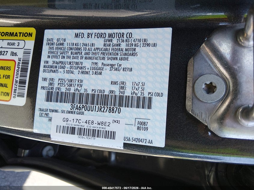 2018 Ford Fusion VIN 3FA6P0UU1JR278870 IAAI salvage auction — NORMAL WEAR, SF97 (Virginia), sold $12,100 on 2026-07-22 (photo 9)