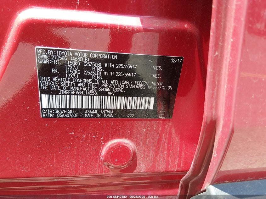 2017 Toyota Rav 4 VIN JTMRFREV6HJ145581 IAAI salvage auction — REAR END, Salvage Title, sold $5,975 on 2026-07-24 (photo 9)