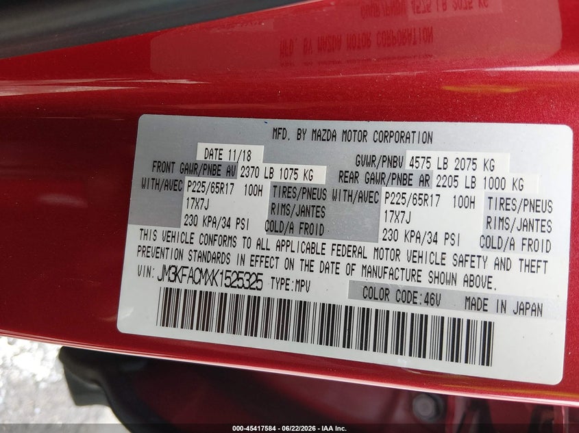 2019 Mazda Cx-5 VIN JM3KFACMXK1525325 IAAI salvage auction — FRONT END, Salvage Title, sold $4,050 on 2026-07-24 (photo 9)