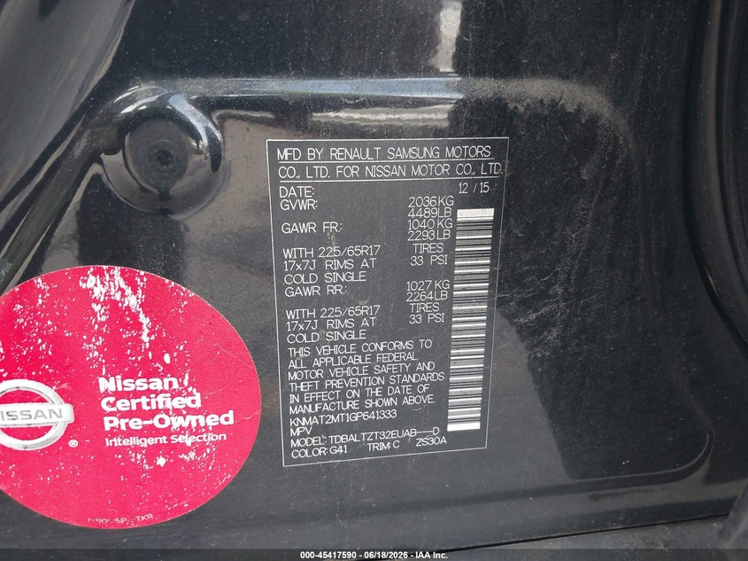 2016 Nissan Rogue VIN KNMAT2MT1GP641333 IAAI salvage auction — FRONT & REAR, Rebuildable (Florida), sold $600 on 2026-07-22 (photo 9)