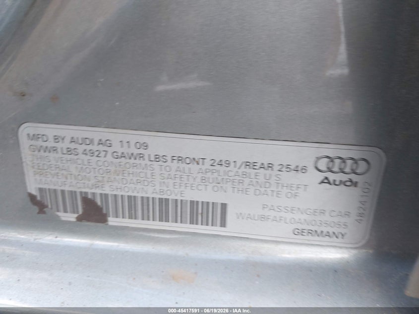 2010 Audi A4 VIN WAUBFAFL0AN035055 IAAI salvage auction — LEFT REAR, Clear (Massachusetts), sold $1,025 on 2026-07-31 (photo 9)