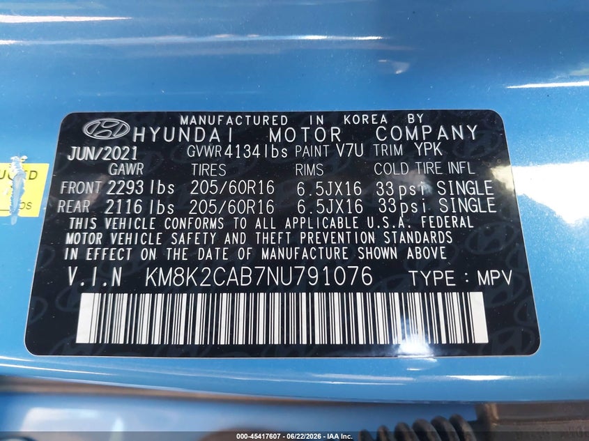 2022 Hyundai Kona VIN KM8K2CAB7NU791076 IAAI salvage auction — SIDE, Salvage Title, sold $2,650 on 2026-08-02 (photo 9)