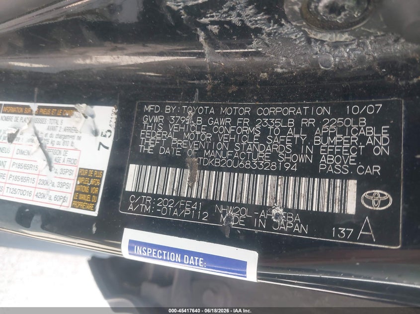 2008 Toyota Prius VIN JTDKB20U683328194 IAAI salvage auction — NORMAL WEAR, Original (Texas), sold $375 on 2026-07-24 (photo 9)