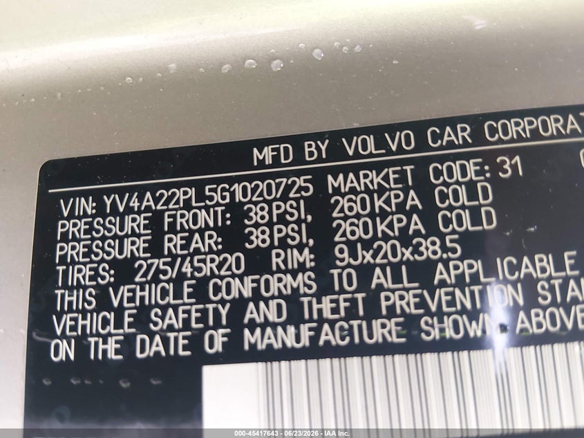 2016 Volvo Xc90 VIN YV4A22PL5G1020725 IAAI salvage auction — REAR END, Salvage (Massachusetts), sold $5,200 on 2026-07-28 (photo 9)