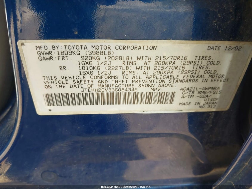 2003 Toyota Rav4 VIN JTEHH20V336084346 IAAI salvage auction — RIGHT SIDE, Salvage (Ohio), sold $850 on 2026-07-14 (photo 9)