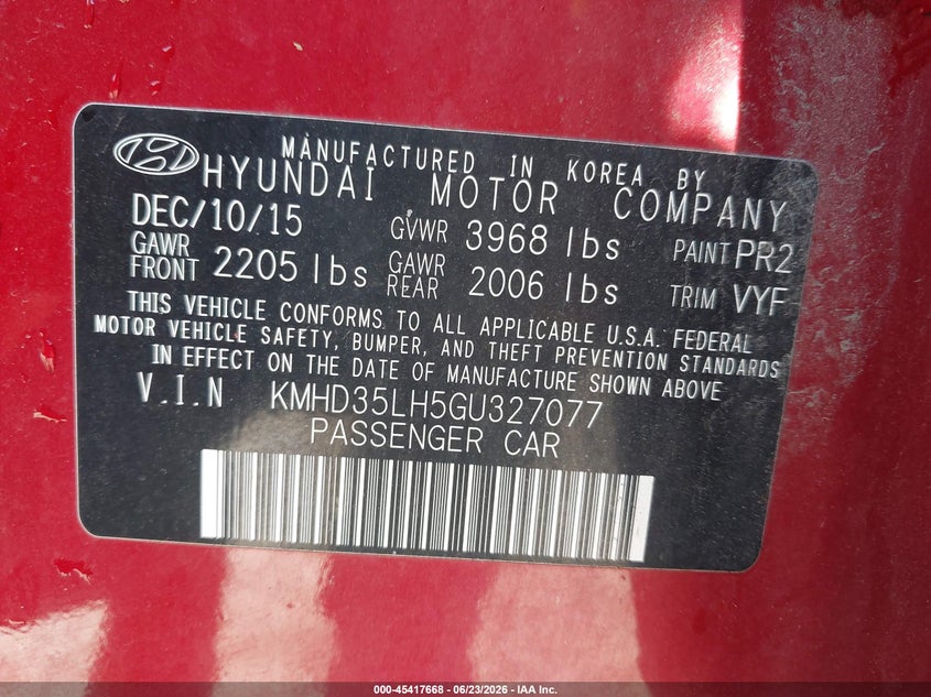 2016 Hyundai Elantra VIN KMHD35LH5GU327077 IAAI salvage auction — FRONT END, Clear (Indiana), sold $1,250 on 2026-07-21 (photo 9)