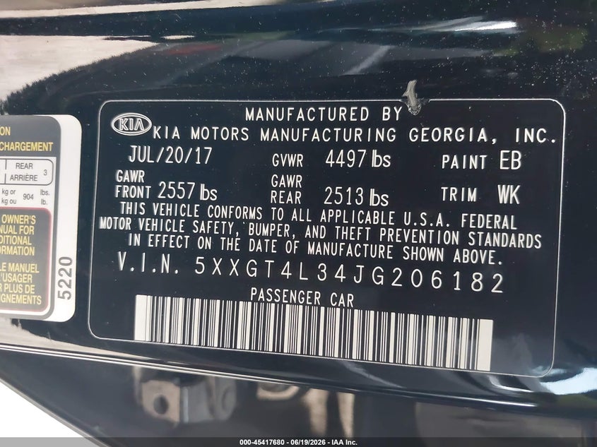2018 Kia Optima VIN 5XXGT4L34JG206182 IAAI salvage auction — LEFT & RIGHT, Salvage (Texas), sold $2,475 on 2026-07-06 (photo 9)