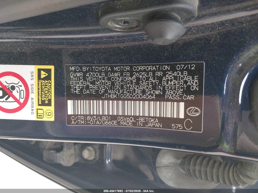 2013 Lexus ES VIN JTHBK1GG5D2004064 IAAI salvage auction — FRONT END, Clear (Massachusetts), sold $2,600 on 2026-07-12 (photo 9)