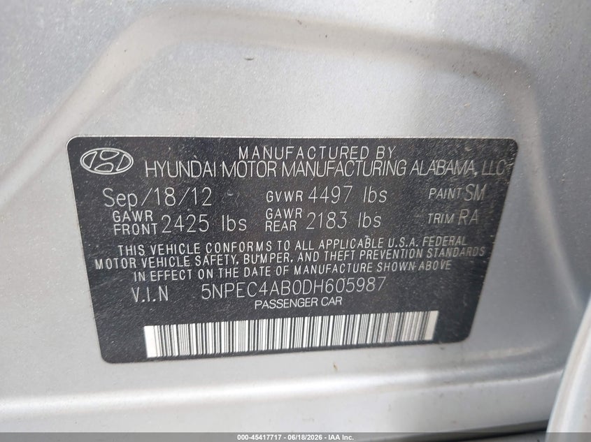 2013 Hyundai Sonata VIN 5NPEC4AB0DH605987 IAAI salvage auction — UNDERCARRIAGE, Mv-907A (New York), sold $500 on 2026-07-07 (photo 9)