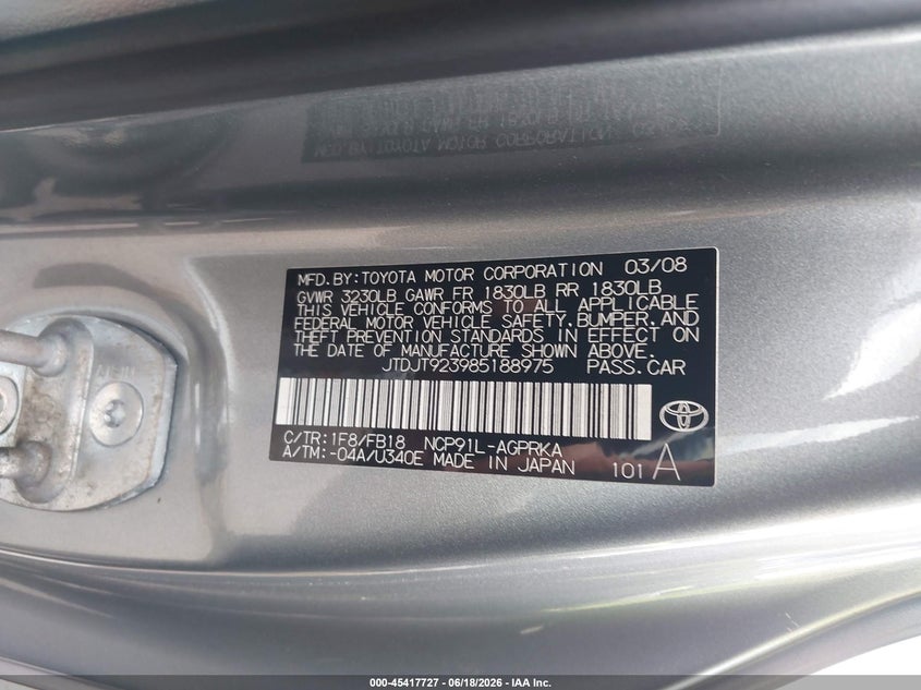 2008 Toyota Yaris VIN JTDJT923985188975 IAAI salvage auction — NORMAL WEAR, Clear (New York), sold $200 on 2026-07-15 (photo 9)