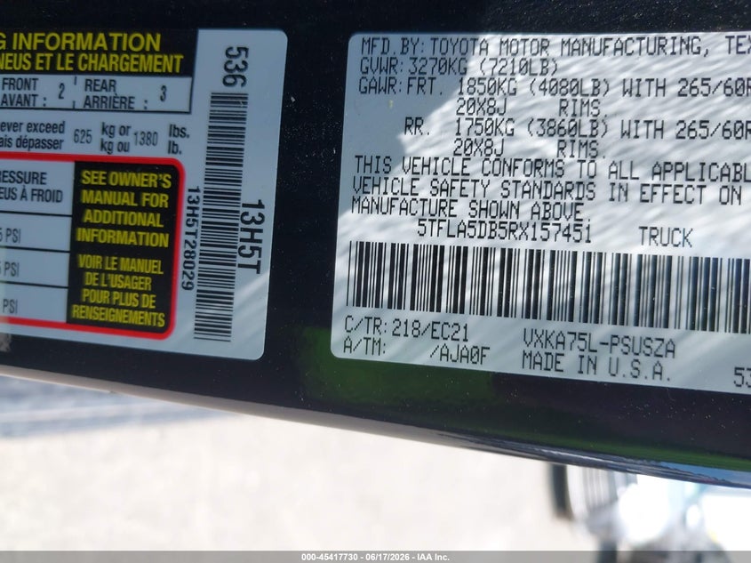 2024 Toyota Tundra VIN 5TFLA5DB5RX157451 IAAI salvage auction — LEFT SIDE, Mv-907A (New York), sold $24,600 on 2026-07-06 (photo 9)