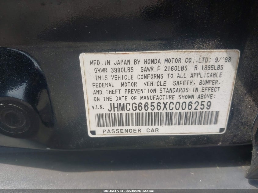 1999 Honda Accord VIN JHMCG6656XC006259 IAAI salvage auction — REAR END, Salvage (Georgia), sold $275 on 2026-07-22 (photo 9)