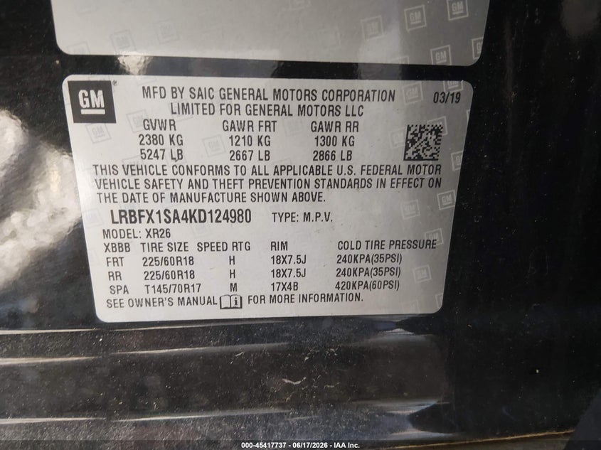 2019 Buick Envision VIN LRBFX1SA4KD124980 IAAI salvage auction — FRONT & REAR, Salvage Title, sold $3,900 on 2026-07-23 (photo 9)