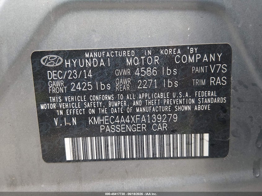 2015 Hyundai Sonata VIN KMHEC4A4XFA139279 IAAI salvage auction — LEFT FRONT, Salvage Title, sold $450 on 2026-07-30 (photo 9)