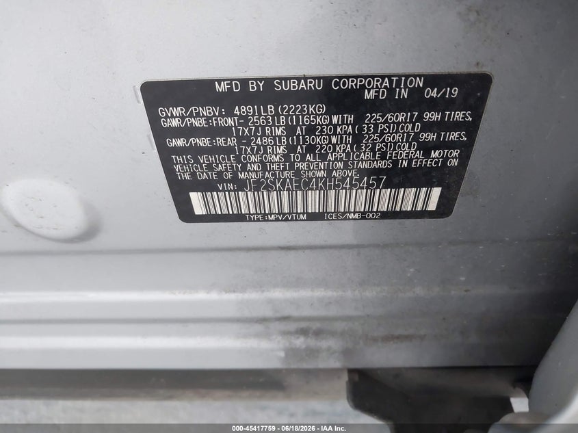 2019 Subaru Forester VIN JF2SKAEC4KH545457 IAAI salvage auction — REAR END, Rebuildable (Florida), sold $2,900 on 2026-07-15 (photo 9)
