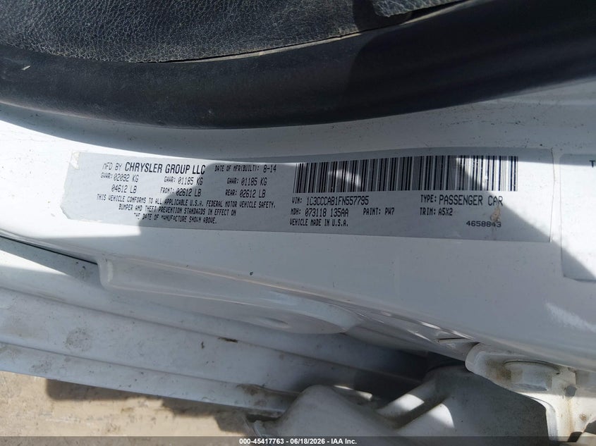 2015 Chrysler 200 VIN 1C3CCCAB1FN557795 IAAI salvage auction — FRONT END, Salvage Title, sold $200 on 2026-07-18 (photo 9)