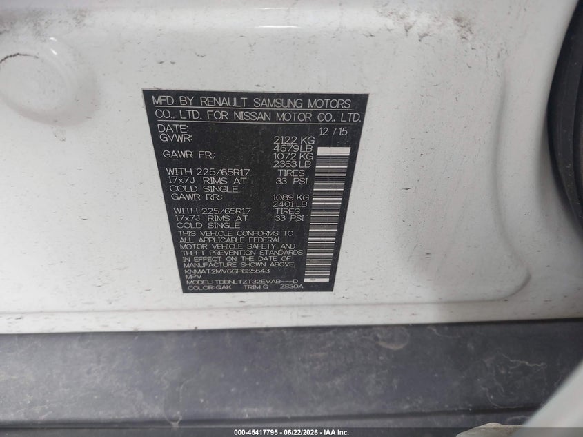 2016 Nissan Rogue VIN KNMAT2MV6GP635643 IAAI salvage auction — FRONT END, Mv-907A (New York), sold $725 on 2026-07-07 (photo 9)
