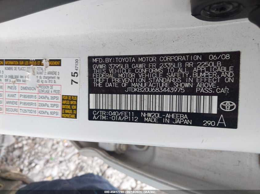 2008 Toyota Prius VIN JTDKB20U683443975 IAAI salvage auction — REAR END, Salvage (Tennessee), sold $975 on 2026-07-09 (photo 9)