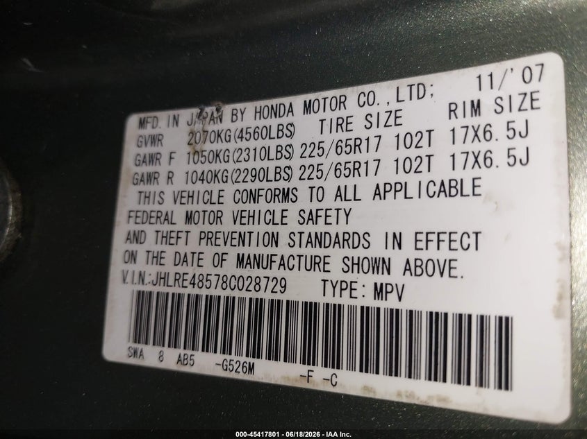 2008 Honda Cr-v VIN JHLRE48578C028729 IAAI salvage auction — FRONT END, Salvage (Idaho), sold $1,950 on 2026-07-13 (photo 9)