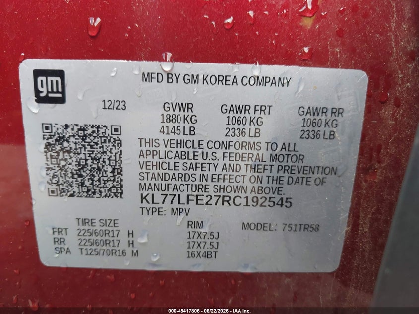 2024 Chevrolet Trax VIN KL77LFE27RC192545 IAAI salvage auction — RIGHT SIDE, Salvage Title, sold $3,300 on 2026-07-28 (photo 9)