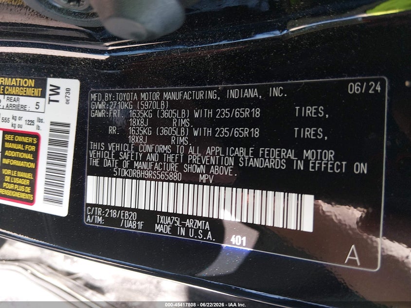 2024 Toyota Highlander VIN 5TDKDRBH9RS565880 IAAI salvage auction — REAR END, Certificate Of Title (Nebraska), sold $21,800 on 2026-07-30 (photo 9)