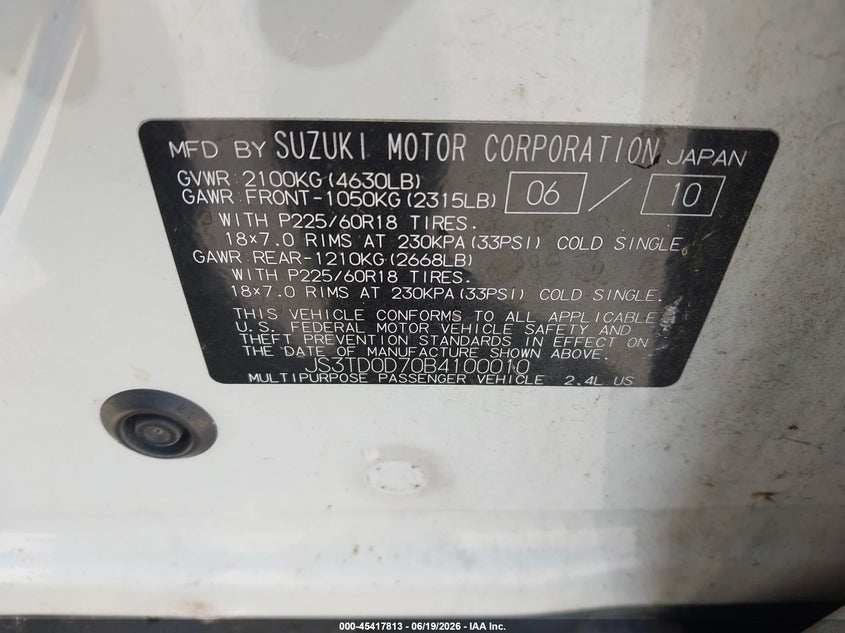 2011 Suzuki Grand vitara VIN JS3TD0D70B4100010 IAAI salvage auction — FRONT END, Salvage - Greater Than 75% (Maryland), sold $525 on 2026-07-30 (photo 9)