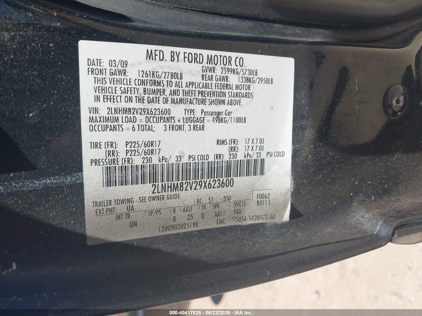 2009 Lincoln TOWN CAR VIN 2LNHM82V29X623600 IAAI salvage auction — NORMAL WEAR, Clear-Dealer Only (Arizona), sold $425 on 2026-07-09 (photo 9)