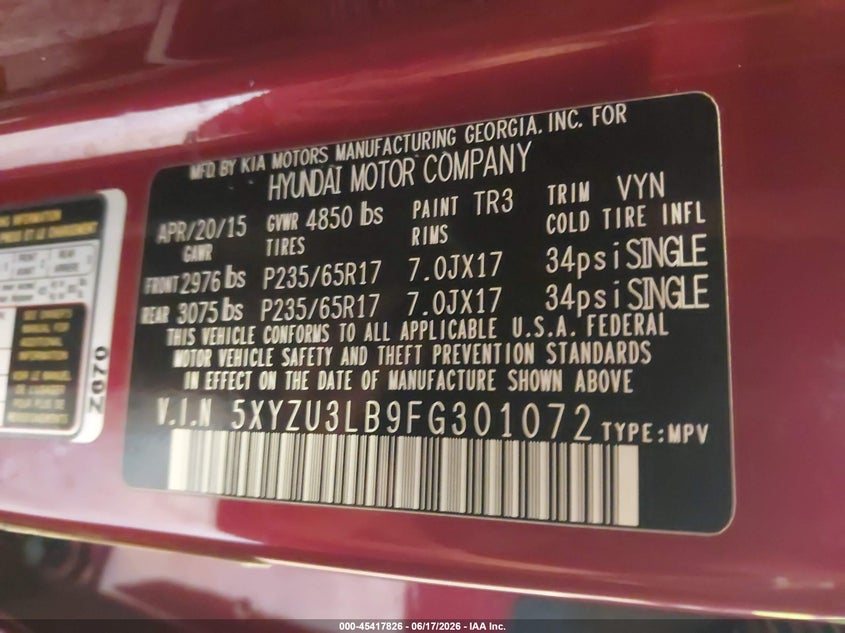2015 Hyundai VIN 5XYZU3LB9FG301072 IAAI salvage auction — SIDE, Salvage (Michigan), sold $1,575 on 2026-07-28 (photo 9)