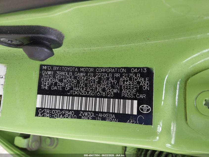 2013 Toyota Prius VIN JTDKN3DU5D1678123 IAAI salvage auction — FRONT END, Salvage Title, sold $1,600 on 2026-07-14 (photo 9)
