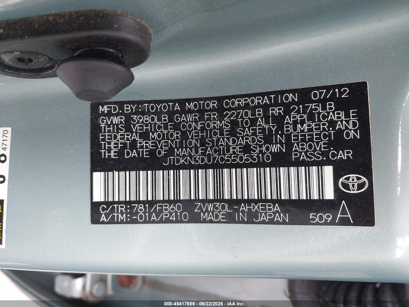 2012 Toyota Prius VIN JTDKN3DU7C5505310 IAAI salvage auction — FRONT END, Salvage (Ohio), sold $1,350 on 2026-07-20 (photo 9)