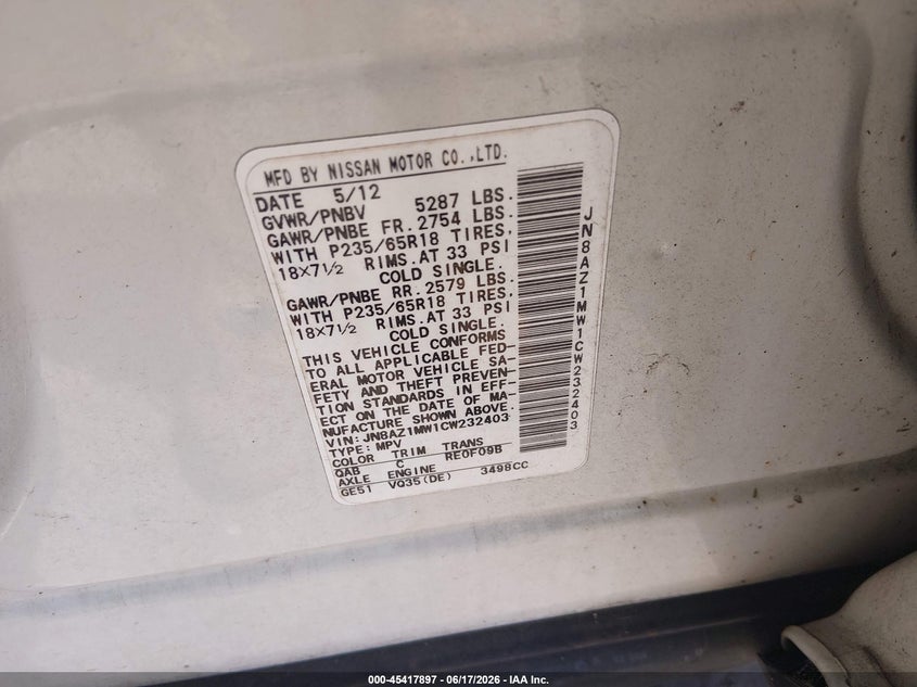 2012 Nissan Murano VIN JN8AZ1MW1CW232403 IAAI salvage auction — LEFT SIDE, Clear (Massachusetts), sold $200 on 2026-07-07 (photo 9)
