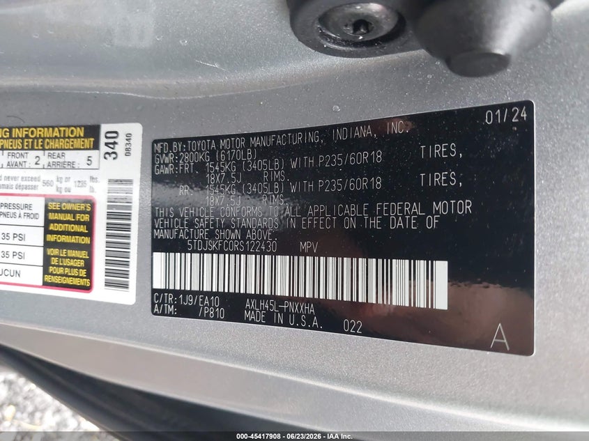 2024 Toyota Sienna VIN 5TDJSKFC0RS122430 IAAI salvage auction — FRONT END, Salvage Title, sold $525 on 2026-07-21 (photo 9)