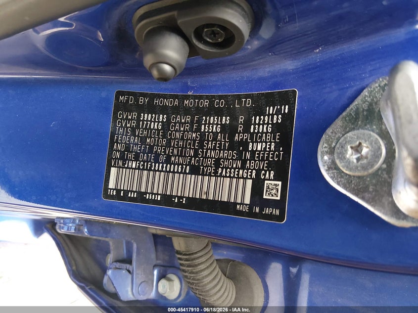 2019 Honda Civic VIN JHMFC1F38KX000670 IAAI salvage auction — FRONT END, Rebuildable (Florida), sold $4,150 on 2026-07-29 (photo 9)
