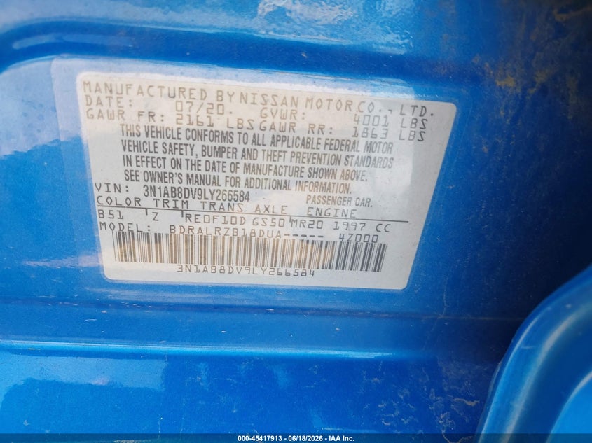 2020 Nissan Sentra VIN 3N1AB8DV9LY266584 IAAI salvage auction — FRONT END, Salvage Title, sold $425 on 2026-07-25 (photo 9)