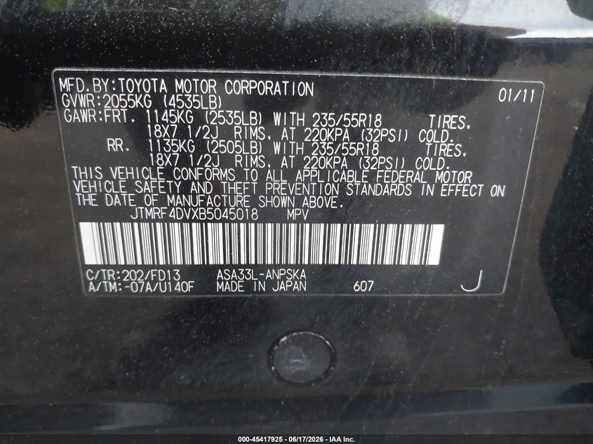 2011 Toyota Rav4 VIN JTMRF4DVXB5045018 IAAI salvage auction — FRONT END, Salvage (Idaho), sold $1,050 on 2026-07-08 (photo 9)