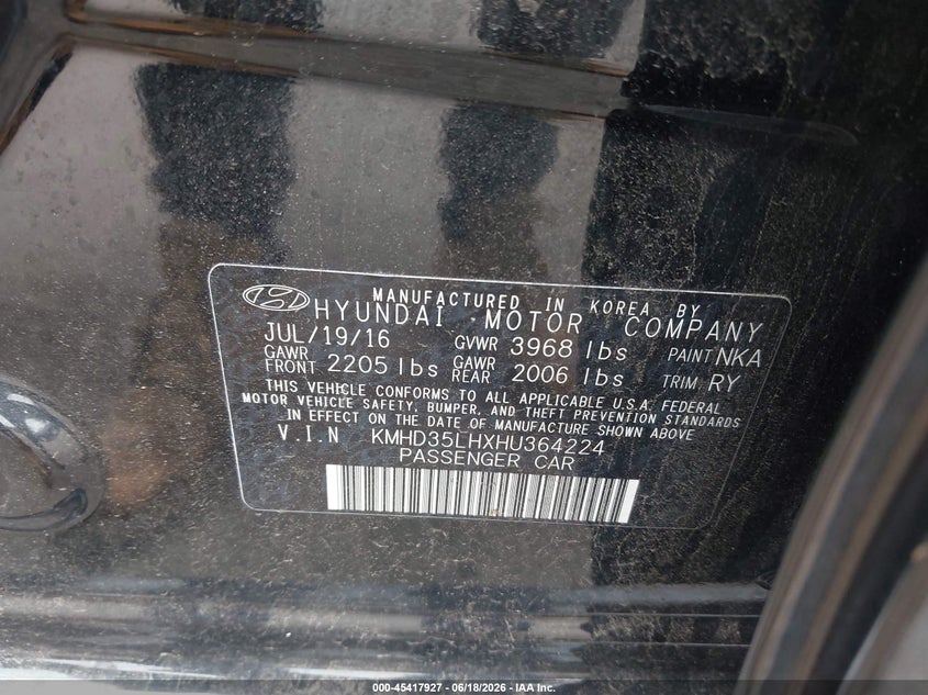 2017 Hyundai Elantra VIN KMHD35LHXHU364224 IAAI salvage auction — RIGHT SIDE, Salvage (New Jersey), sold $775 on 2026-07-27 (photo 9)
