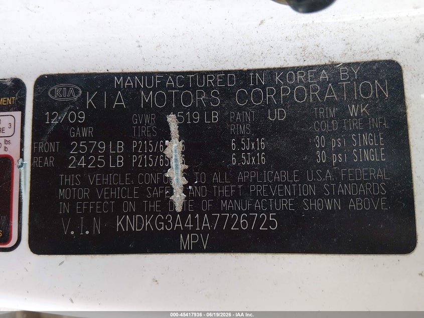 2010 Kia Sportage VIN KNDKG3A41A7726725 IAAI salvage auction — FRONT END, Salvage (West Virginia), sold $175 on 2026-08-02 (photo 9)