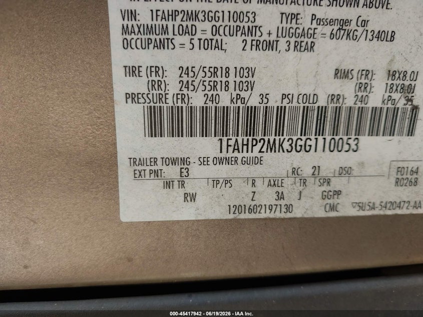 2016 Ford Police VIN 1FAHP2MK3GG110053 IAAI salvage auction — UNKNOWN, Clear-Dealer Only (North Carolina), sold $3,200 on 2026-07-06 (photo 9)