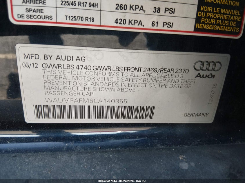 2012 Audi A3 VIN WAUMFAFM6CA140355 IAAI salvage auction — NORMAL WEAR, Clear (Pennsylvania), sold $225 on 2026-07-29 (photo 9)
