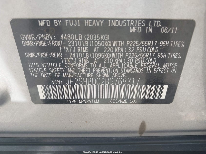 2011 Subaru Forester VIN JF2SHBDC2BG768317 IAAI salvage auction — NORMAL WEAR, Clear (Tennessee), sold $275 on 2026-07-23 (photo 9)