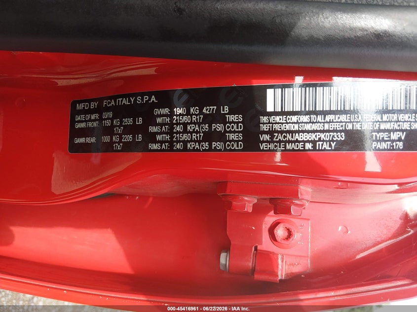 2019 Jeep Renegade VIN ZACNJABB6KPK07333 IAAI salvage auction — WATER/FLOOD, Salvage (Illinois), sold $3,900 on 2026-08-11 (photo 9)