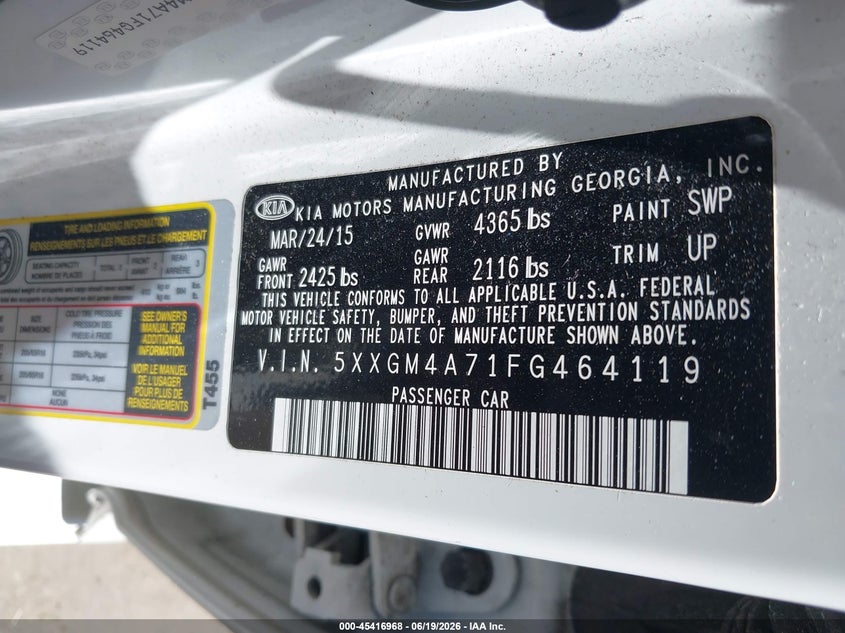2015 Kia Optima VIN 5XXGM4A71FG464119 IAAI salvage auction — THEFT, Salvage Title, sold $450 on 2026-08-01 (photo 9)