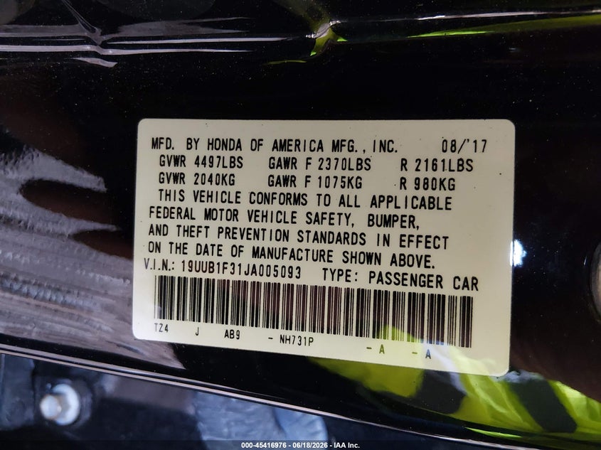 2018 Acura Tlx VIN 19UUB1F31JA005093 IAAI salvage auction — RIGHT SIDE, Salvage (Idaho), sold $2,750 on 2026-08-01 (photo 9)