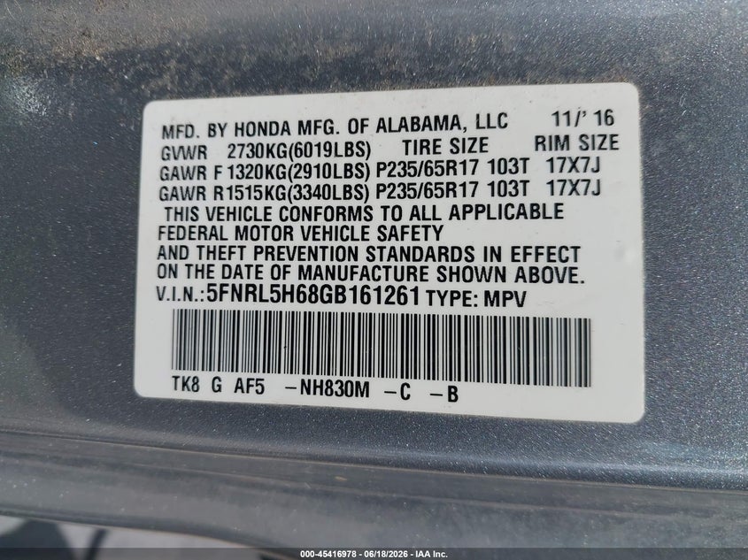 2016 Honda Odyssey VIN 5FNRL5H68GB161261 IAAI salvage auction — REAR END, Salvage (Ohio), sold $2,400 on 2026-07-19 (photo 9)