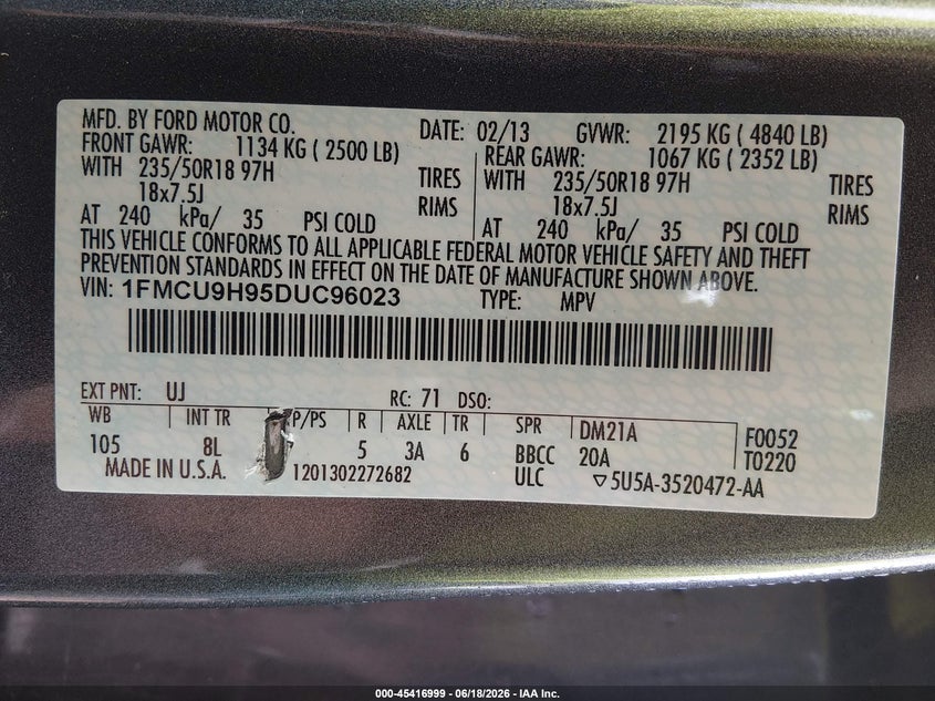 2013 Ford Escape VIN 1FMCU9H95DUC96023 IAAI salvage auction — FRONT END, Salvage (West Virginia), sold $175 on 2026-10-01 (photo 9)