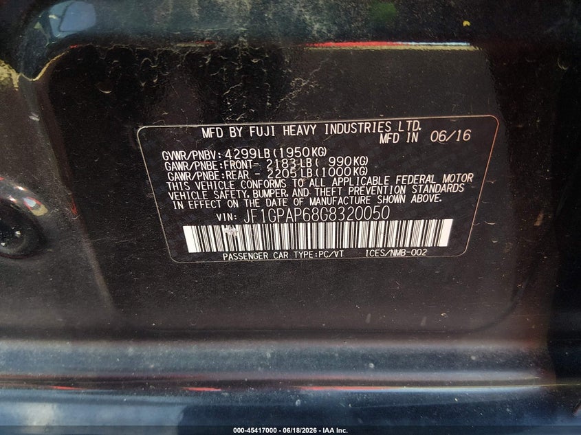 2016 Subaru Impreza VIN JF1GPAP68G8320050 IAAI salvage auction — RIGHT FRONT, Clear (Indiana), sold $2,850 on 2026-07-19 (photo 9)