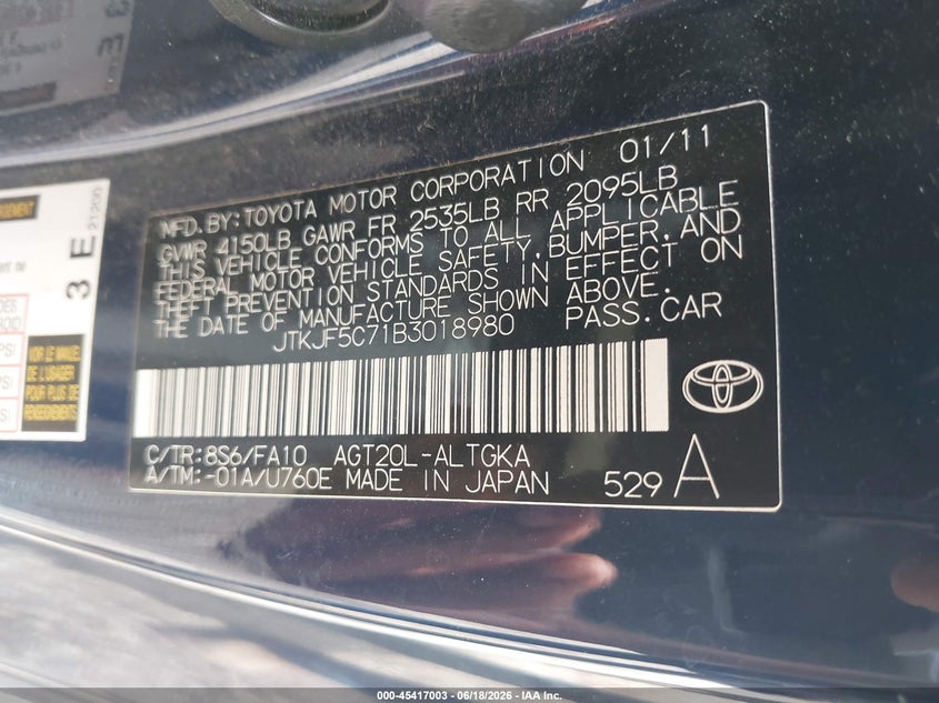 2011 Scion Tc VIN JTKJF5C71B3018980 IAAI salvage auction — FRONT END, Clear (Indiana), sold $700 on 2026-07-29 (photo 9)