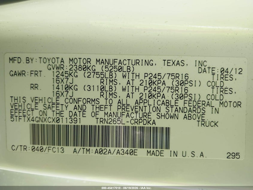 2012 Toyota Tacoma VIN 5TFTX4GNXCX011391 IAAI salvage auction — SIDE, Salvage (Georgia), sold $4,000 on 2026-07-29 (photo 8)