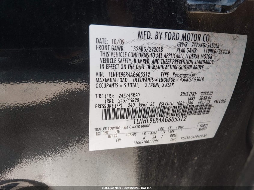 2010 Lincoln Mks VIN 1LNHL9ER4AG605312 IAAI salvage auction — FRONT END, Salvage (Ohio), sold $275 on 2026-07-17 (photo 9)